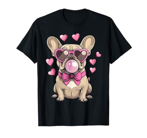 French Bulldog Blowing Bubble Heart Glasses Valentine Day T-Shirt