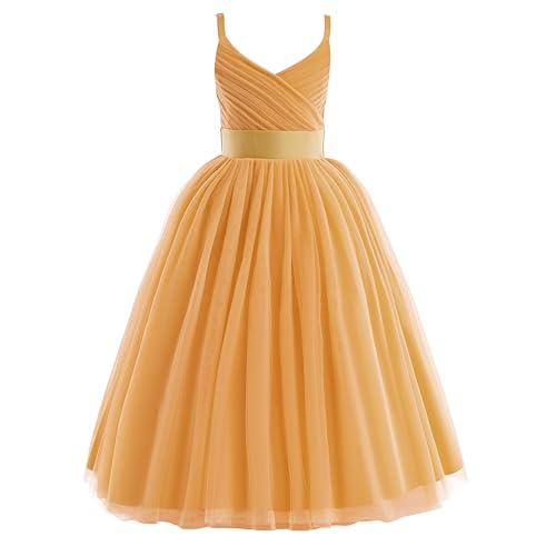 Image of Glamulice Flower Girls Spaghetti Strap Tulle Dress Long A Line Wedding Pageant Dresses Princess Birthday Party Ball Gown