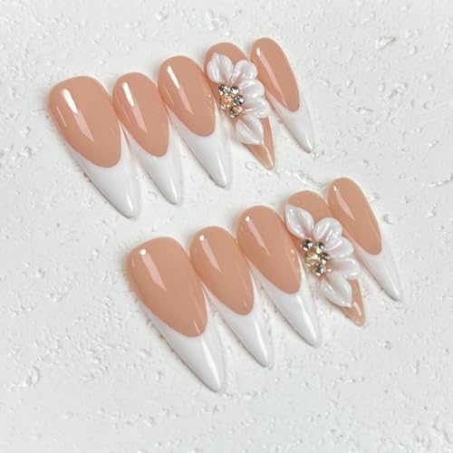 White French Press on Nails Long Stiletto False Nails with 3D Flower Designs Handmade Acrylic Fake Nails Muti-Layer Gel Glue on Full Cover Stick on Nails for Women（Size S) — view 2
