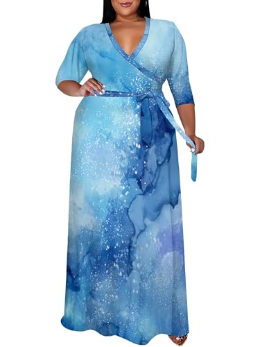 Image of SUZONANA Plus Size Maxi Dresses for Curcy Women Casual Loose 3 /4 Sleeve Long Dress with Belt