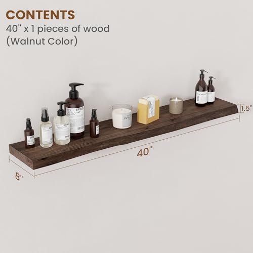 Image of Floating Shelves for Wall Decor, Rustic Solid Elm Wood Live Edge Floating Shelves Wall Mounted, Wall Shelves with Invisible Bracket for Living Room Bathroom Bedroom Kitchen, 40 Inch Set of 1, Walnut