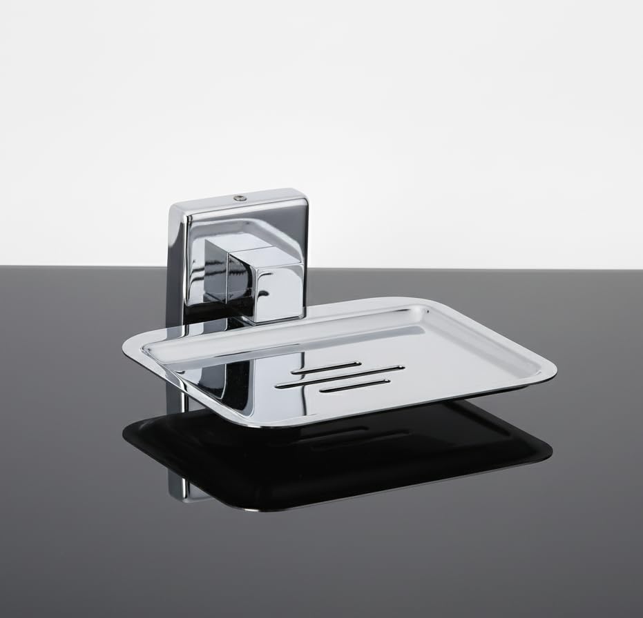 Image of Premium Stainless Steel Wall Mounted Soap Dish for Bathroom and Kitchen | Rustproof Chrome Finish Soap Holder Case with Drain Holes | Square Modern Soap Stand Bracket (Square-26 06)
