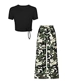 WESIDOM Tween Girls Clothes Fashion Girls Clothing Sets Ribbed Short Sleeve Knot Front Top Cargo Pant Spring Summer 2 Piece Outfits,Black Sizes 11-12