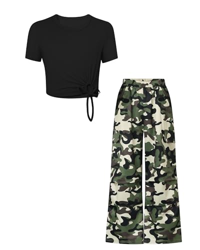 WESIDOM Tween Girls Clothes Fashion Girls Clothing Sets Ribbed Short Sleeve Knot Front Top Cargo Pant Spring Summer 2 Piece Outfits,Black Sizes 11-12