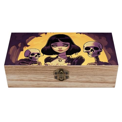 FekiLoot Caja de recuerdos de madera de calavera de tono oscuro, caja del tesoro de memoria, pequeño cofre del tesoro de madera, baúl decorativo para recuerdos, para manualidades y almacenamiento de