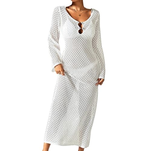 Uqezagpa Vestido de traje de baño de manga hueca, vestido de playa, salida de baño, cubierta de traje de baño sin espalda, fiesta al aire libre
