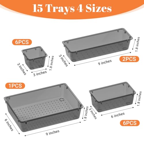 15 PCS Clear Plastic Drawer Organizer Set, 4-Size Acrylic Drawer Storage Trays, Storage Bins for Makeup, Gadgets, and Jewelry in Bathroom, Bedroom and Office, Clear Black - Image 4