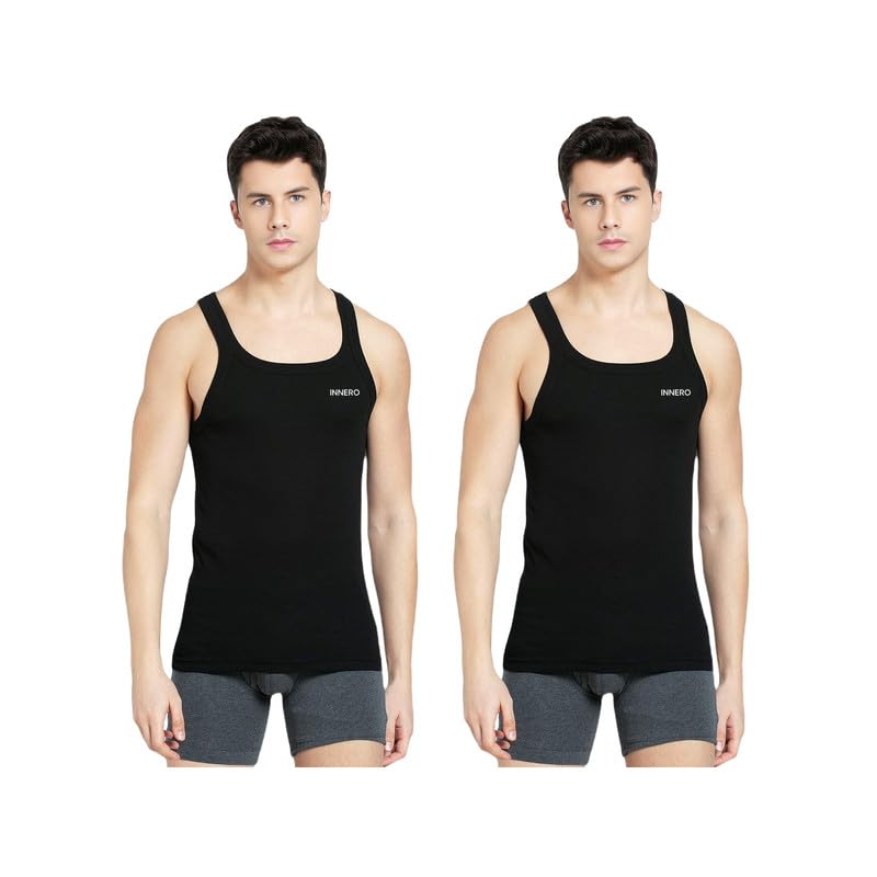 Image of INNERO Men's Black Baniyan Cotton Sleeveless Gym Vest
