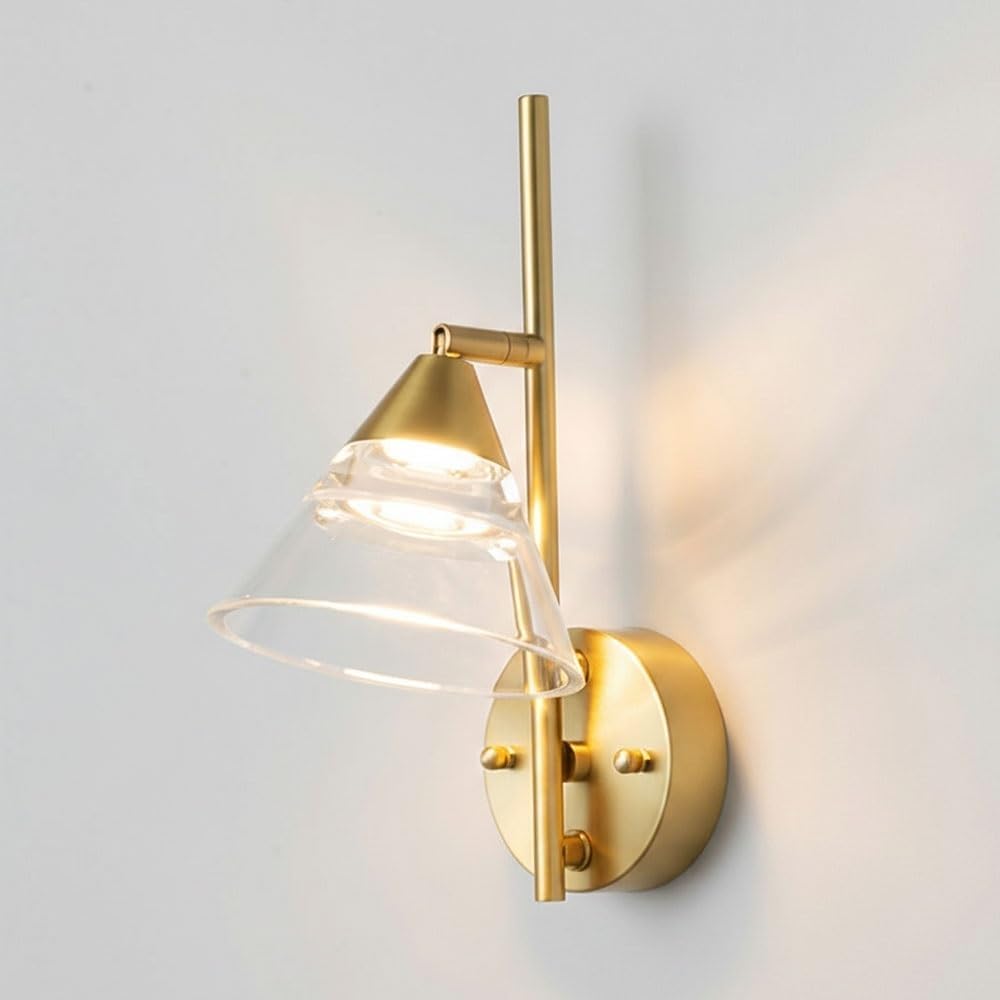Modern Gold Wall Sconce, Luxury Brass Vanity Lamp with Clear Acrylic Cone Shade, Art Deco LED Mounted Wall Light for Bedroom, Bedside, Living Room, Hallway, Bathroom Mirror Parlor