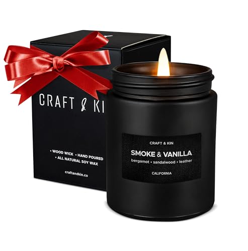 Craft & Kin Premium Smoke & Vanilla Candle | Black Christmas Scented Candles for Men | Long Lasting with 45 Hour Burn Time, 7.6oz | Soy Holiday Candle | Aromatherapy at Home | Gifts for Men