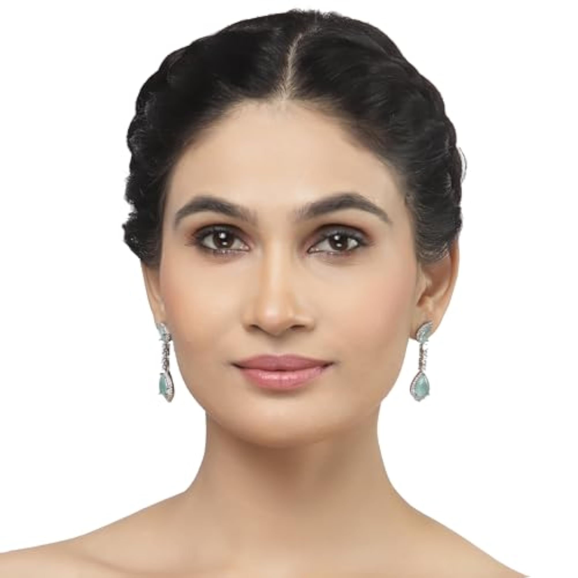 Rhodium-Plated Teardrop Drop Earrings with American Diamond Studding