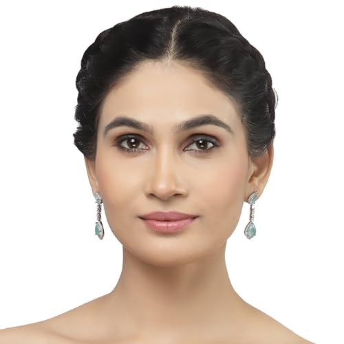 Rhodium-Plated Teardrop Drop Earrings with American Diamond Studding