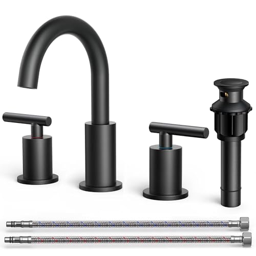 FORIOUS Black Bathroom Faucet 3 Hole, 8 Inch Matte Black Bathroom Sink Faucet Widespread with 360° Swivel Spout, Suitable for 6-12 Inch Vanity Sink, with Pop-up Drain and cUPC Supply Line