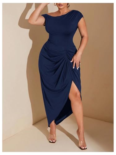 Image of Floerns Women's Plus Size Asymmetrical Neck Long Dress Ruched Slit Hem Cocktail Dress