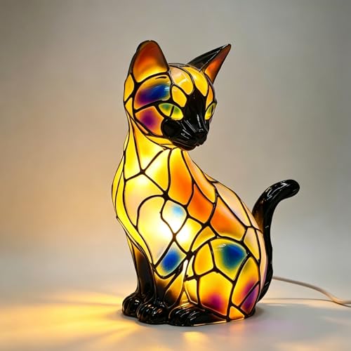 Rehenbsem Cat Table Lamp Stained Resin Table Lamp Vintage LED Night Light Bedroom Desk Bookshelf Decoration Funny Gift for Cat Lovers(Siamese Cat A)