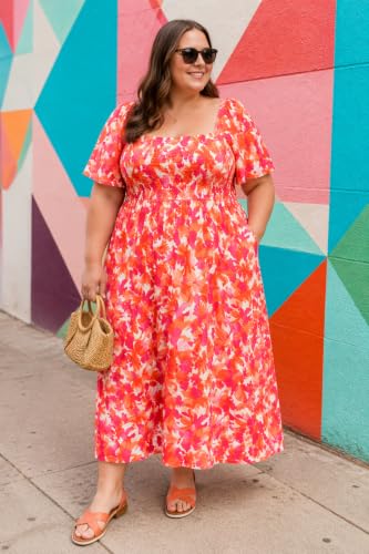 Image of RITERA Plus Size Dresses for Curvy Women Square Neck Short Sleeve Summer Floral Smocked Maxi Dress with Pocket XL-5XL