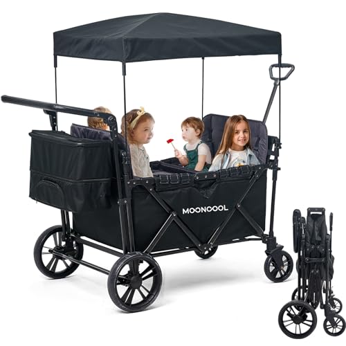 Image of MOONCOOL 4 Seater Stroller Wagon, Quad Stroller Wagon for 4 Kids, Push Pull Collapsible Toddler Wagon Stroller with Canopy, Convertible Seats, 5-Point Harnesses, Snake Tray