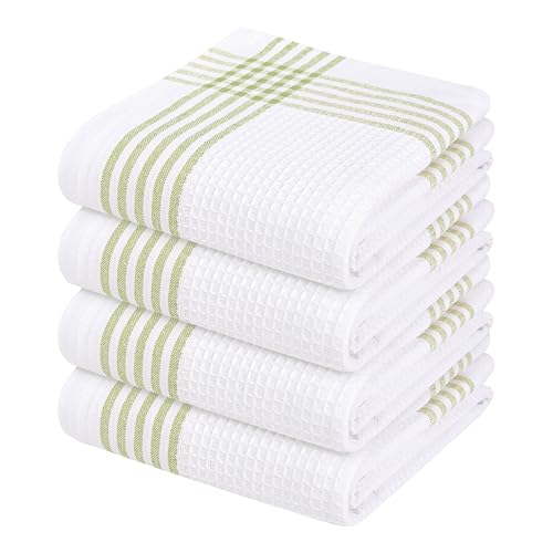 Image of Waffle White & Lemon Green 4 Pack Kitchen Towels, 100% Cotton, 16x26 inches, Everyday Use Dish Cloths Set, Durable and Absorbent Hand Towel, Ideal for Drying Dishes, DIY Embroidery