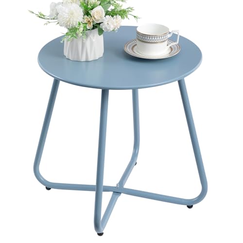 HollyHOME Mesa Auxiliar Exterior Redonda Mesa Auxiliar de Patio & Jardin Mesa Balcon Pequeña Metal Mesa de Centro, Azul Grisáceo