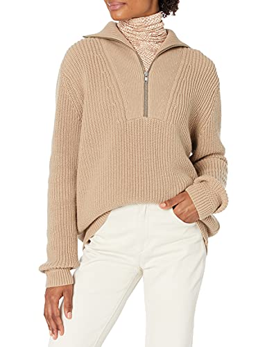 Image of Cable Stitch Women's Half Zip Cotton Pullover Sweater - Solid V-Neck Collar Loose Rib-Knit Long Sleeve Top