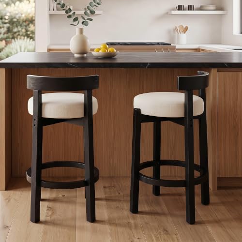 Image of LukeAlon Mid Century Linen Counter Stools Set of 2, Upholstered 26.5 inch Seat Height Low Barstools with Black Wood Legs Round Low Back Kitchen Stools with Footrest for Dining Room Restaurant, Beige