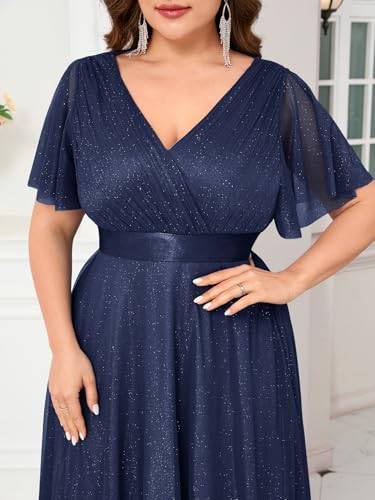 Image of Women's Plus Size Formal Dress Sparkly V Neck Ruffle Sleeve A Line Evening Gown Wedding Guest Bridesmaid Dresses