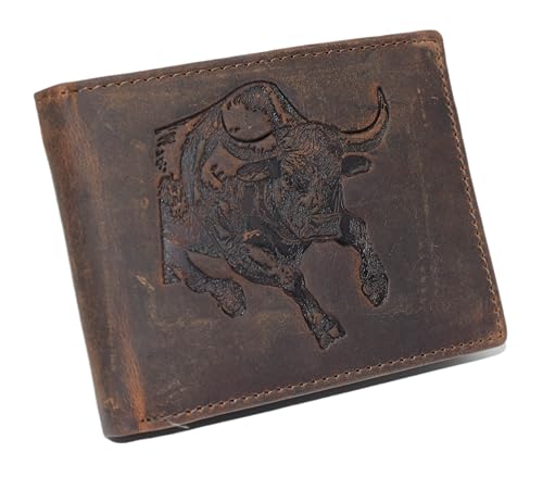 MARSHAL Bifold Western Cowboy Style Men's Vintage Leather Rodeo RFID Blocking Wallet – Bull Engraved Design (Brown)