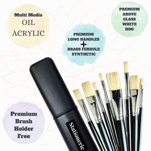 Image of Stationerie Artist Quality Natural Hog Flat Hair Paint Brush Set, 8 Piece Set for Oil & Acrylic Painting Long Handle(Wood)