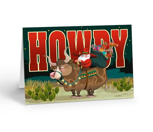 Stonehouse Collection Western Christmas Cards with Envelopes, Howdy, Cowboy Santa Riding Bull Design, Boxed 18-Pack (Standard)