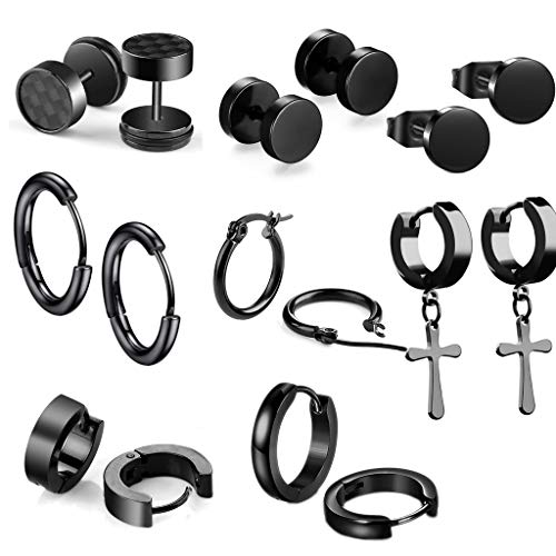 Preisvergleich Produktbild Hongyantech 8 Stückes Edelstahl Ohrstecker Creolen Ohrringe Schwarz Runden Kreuz Anhänger Jahrgang für Herren Damen
