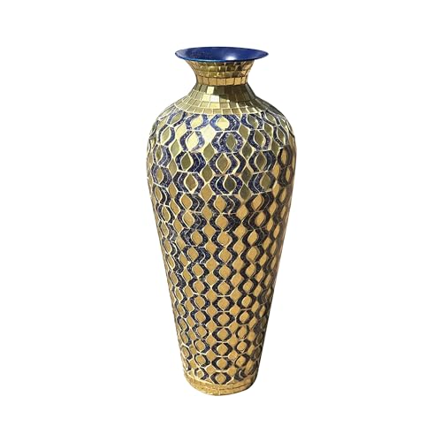 DecorShore 20” Navy Blue & Gold Mosaic Floor Vase – Tall Metal with Geometric Tessellation Pattern | Handmade Decorative Vase for Home Decor, Living Room, Bedroom, Centerpiece & Tabletop