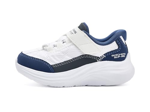 Skechers Bébé garçon Comfy Sprints Baskets, White Cozypoly/Navy Duraleather/Navy Trim, 23 EU
