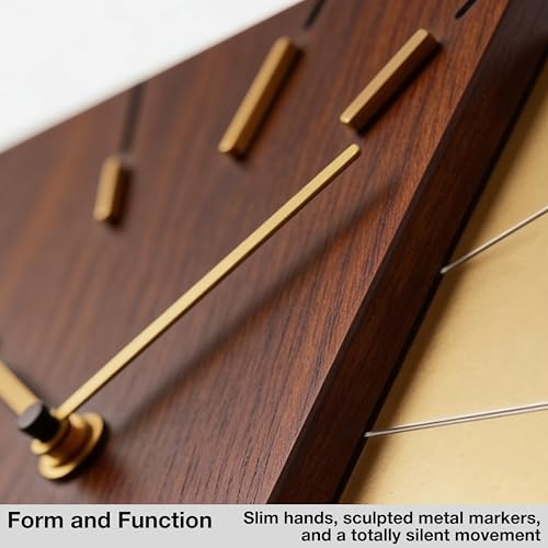 Image of Driini Wood and Gold Mid Century Modern Wall Clock, Battery Operated | Square MCM face with a minimalist midcentury look. Contemporary decorative analog design for kitchen, office or living room