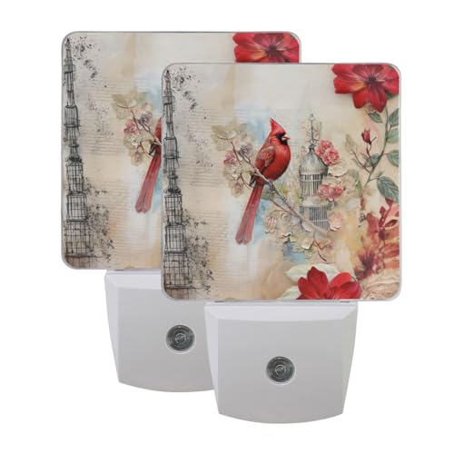 Image of Red Cardinal Bird Flower Night Lights 2 Pack Plug-in Wall Led Nightlight Auto Dusk-to-Dawn Sensor Lamps for Bedroom Kitchen Bathroom