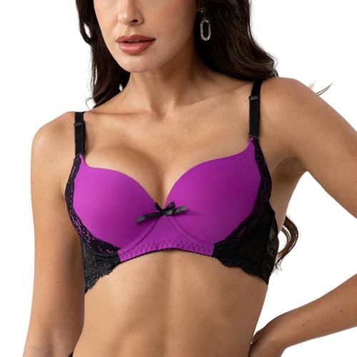 Image of YooMee Push Up Bra for Women,Lace Bras with Underwire Cups,Comfort Padded T-Shirt Bra Add One Cup 4pack 34B