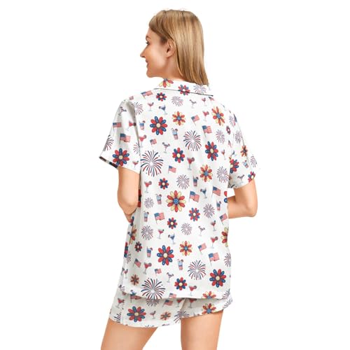 Image of Funny Pajamas for Women Set Print Satin Loungewear Pjs Short Sleeve Button Down Top and Shorts Sets Sleepwear XS-3XL