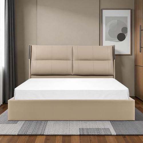 Image of The Attic Nova Queen Size Bed with Hydraulic Lift Storage with Soft Cushion Headboard Khakhi Beige