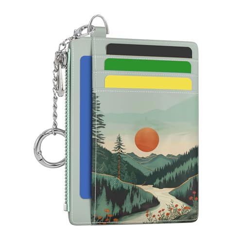 Image of Hancynir Mountain Sunrise Small Wallet Women Credit Card Holder Slim RFID | Zipper Keychain Wallet, Travel Coin Front Pocket, Ladies Women Gifts, Thin Minimalist Card Case, 6 Card Slots, PU Leather