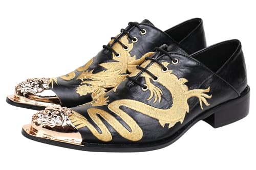 Santimon Mens Western Pointed Toe Leather Lace Up Dress Shoes Fashion Embroidery Metal Tip Oxford2