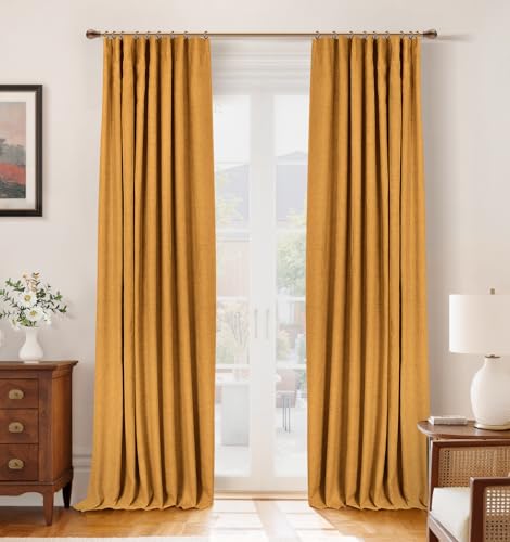 Image of INOVADAY 100% Blackout Curtains for Bedroom, Mustard Yellow Black Out Curtains 84 Inch Long, Clip Rings Linen Blackout Drapes, Thermal Insulated Room Darkening for Living Room, 2 Panels - W50xL84