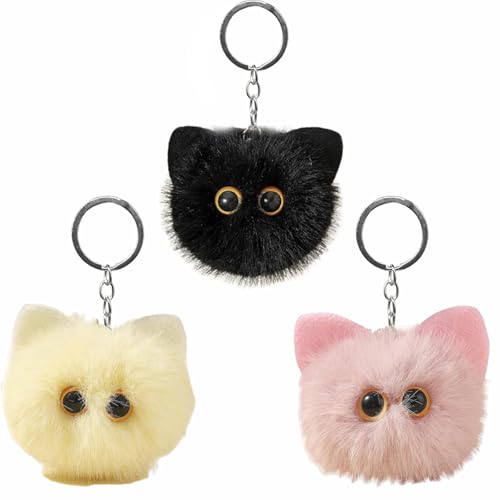Image of GETJOY 3 PCS Cat Keyring, Fluffy Keyring, Pom Pom Keyring, Fluffy Keyring Plush Backpack Accessories, Highly Attractive Plush Keychain, Bag Charms Keyrings for Women, Keyfob Accessory