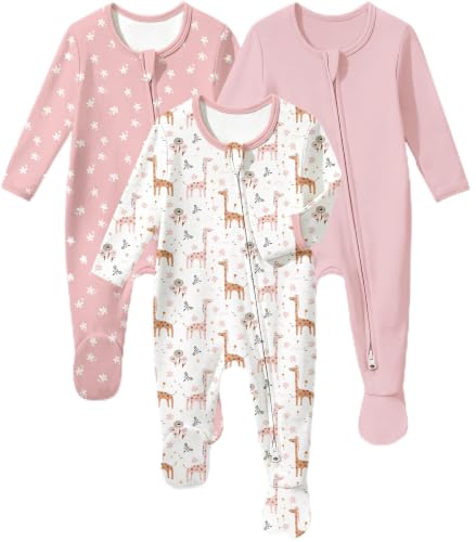 FILLEEP Baby Pajamas Set 100% Breathable Cotton Baby Sleepers for Infant 0-3 Months Boys Girls Clothes 3-Pack Footie Pajamas with Mitten Cuffs Two Way Zipper Long Sleeve Pink White Giraffe