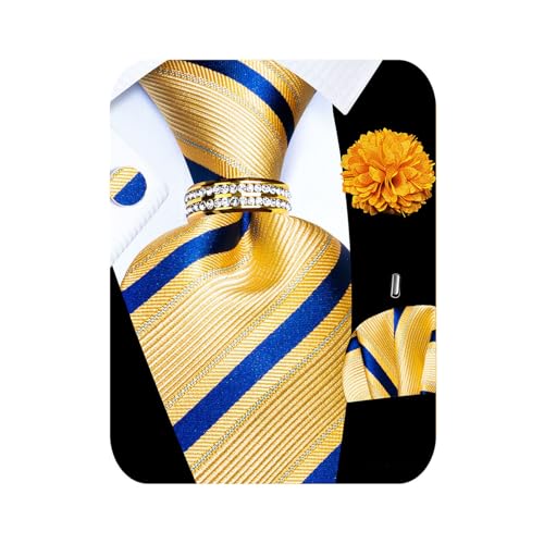 Image of 5PCS Mens Silk Tie, Pocket Square, Cufflinks, Drilled Tie Ring and Lapel Pin Set for Wedding Groom Party