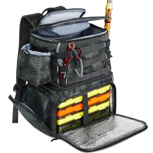 MATEIN Mochila Pesca Impermeable con Portacañas, Mochila de Pesca Estructura Doble con Compartimento Térmico y Sistema de Organización, Grande Resistente al Agua Salada para Pescadores, Camuflaje