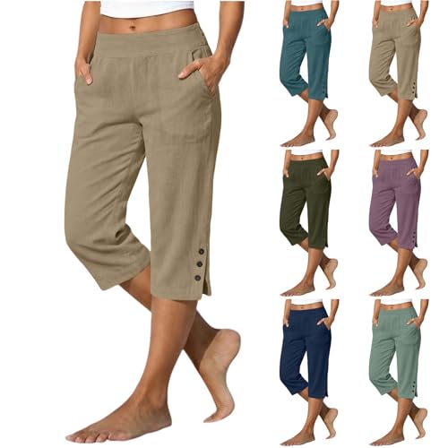 YBEBEWE Sommerhose Damen Leicht Leinenhose Damen Sommer 3/4 Musselin Kurze Hose Leicht Leinen Sommerhose Mit Taschen Causal Atmungsaktiv Caprihose Elastische Bequeme Stoffhose Freizeit Strandhose