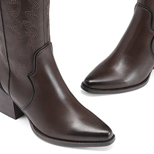 Image of DREAM PAIRS Womens Cowboy Boots Wide Calf Comfortable Pull On Zipper Chunky Heel Pointed Toe Embroidered Western Cowgirl Knee High Boots Ladies Retro Tall Boot