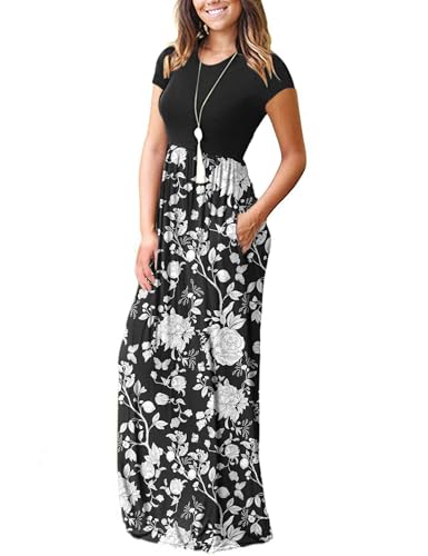 Image of MISFAY Women's Short Sleeve Maxi Dresses Long Casual Dresses with Pockets | Empire Elastic Waist, Crew Neck, Floor Length, Strentchy Flowy A Line Fit, Loose Plain Summer Outfits, Vacation Wear