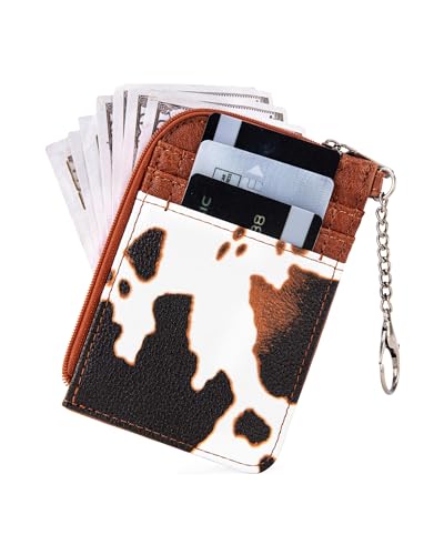 Image of Montana West Wrangler Cow Print Credit Card Holder Cute Keychain Wallet with A Zipper Pocket