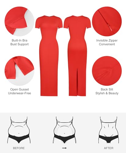Image of Popilush Shaperwear Dress Built-in Bra Women's Casual Lounge Dress with Zipper Short Sleeve Mock Neck Bodycon Dresses