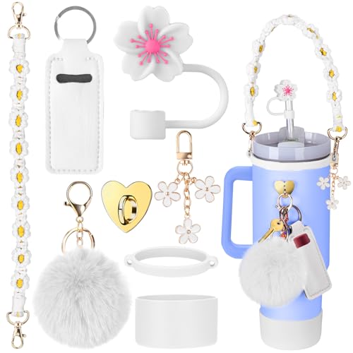 Mity rain Cup Accessories for Stanley Cup 30oz 40oz Tumbler with Handle, Including Water Bottle Handle Strap, Chapstick Holder, Boot, Keychain Charms, Straw Topper Cover Cap for Stanley (White)